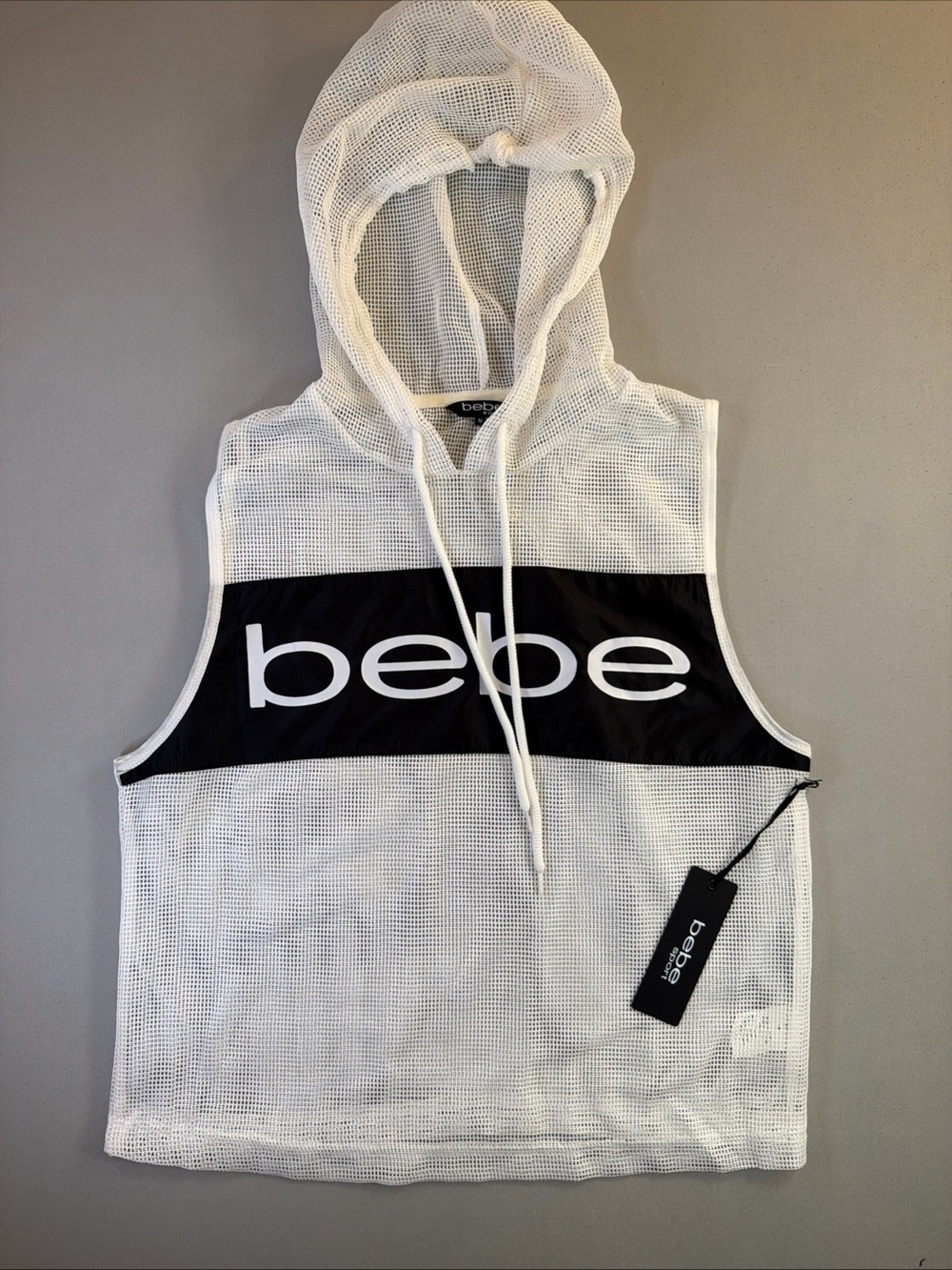 bebe White Mesh Hooded Swim Coverup with Black Logo Panel